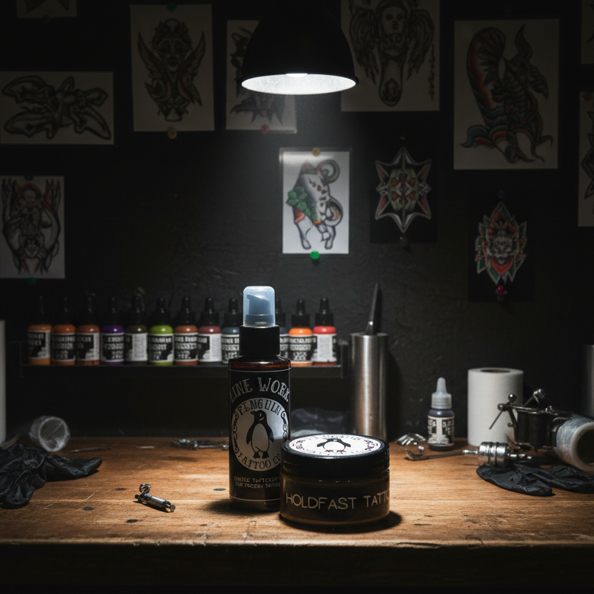 Line work gentle wash and hold fast tattoo balm on a bench by Penguin Tattoo Co