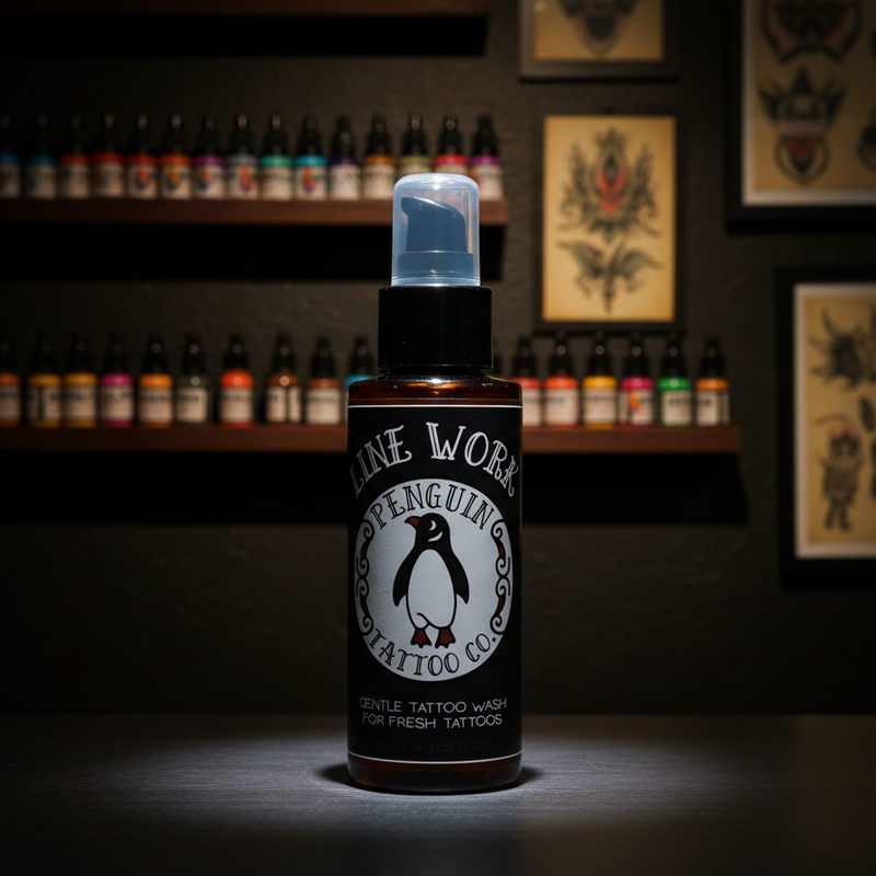 Bottle of 'Penguin Tattoo Co.' tattoo wash on a dark background with shelves of tattoo supplies.